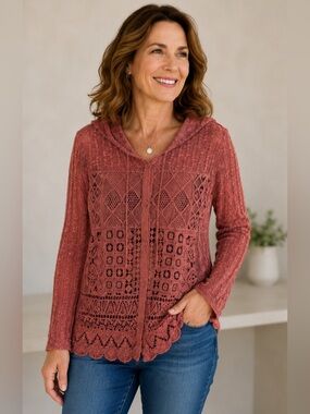 Maria Rerio Dusty Rose Pink Crochet Hooded Cardigan Size M